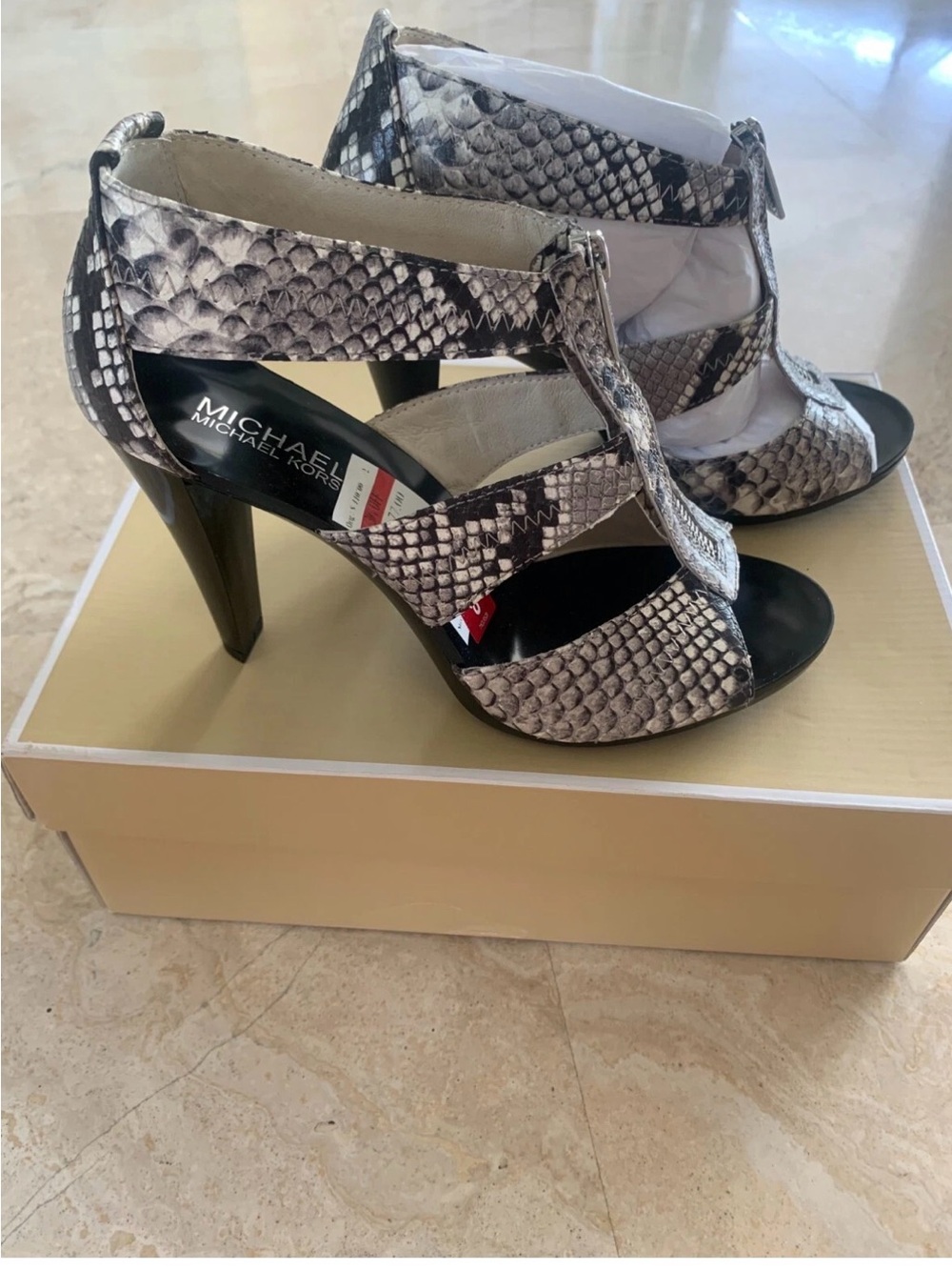 Michael Kors Women's Snake-Print High Heel Sandals in Black/Gray NIB